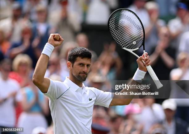 Novak Djokovic of Serbia celebrates winning match point during their Men's Singles Second Round match against Thanasi Kokkinakis of Australia on day...