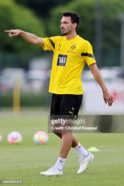 Mats Hummels reacts during a training session at training ground Hohenbuschei on June 29, 2022 in Dortmund, Germany. Borussia Dortmund returned to...