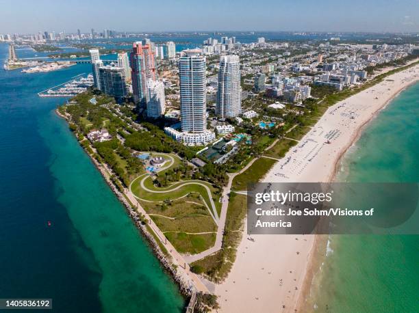 Aerial view of South Pointe Pier, Miami Beach, Florida.