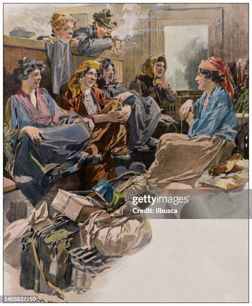 stockillustraties, clipart, cartoons en iconen met antique illustration: migrants in saint lazare station, paris - refugees