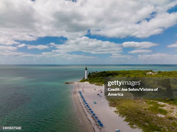 Aerial view of Cape Florida Lighthouse at end of Key Biscayne in Miami-Dade County, Miami Beach, Florida.