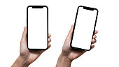Smartphone similar to iphone 14 with blank white screen for Infographic Global Business Marketing Plan, mockup model similar to iPhone isolated Background of digital investment economy - Clipping Path.