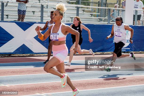 Fort Lauderdale, Florida, Ansin Sports Complex, National Senior Games, Track and Field, women runners age 50 to 55 yrs old, 100 meter race.