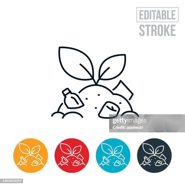 plant growing from pile of garbage thin line icon - editable stroke - compost stock illustrations