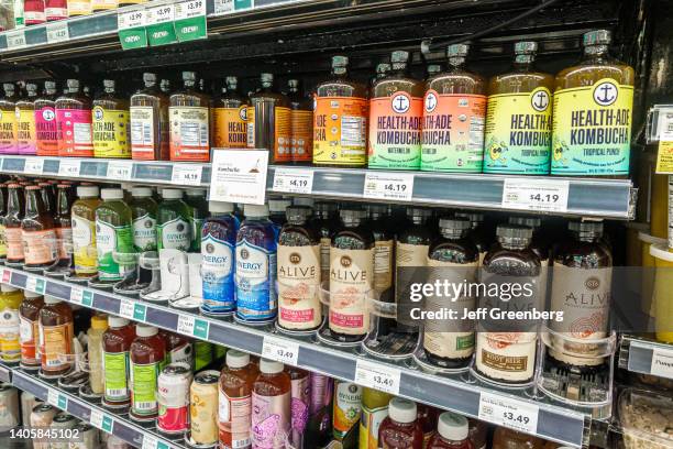 Miami Beach, Florida, Whole Foods supermarket, retail display of kombucha, tea, fruit punch and healthy energy drinks.