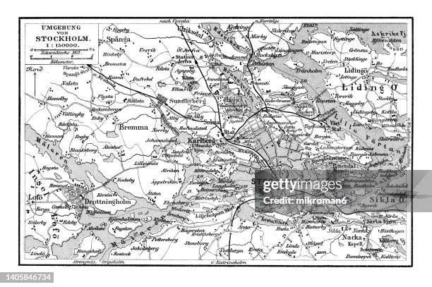 old chromolithograph map of stockholm (capital and largest city of sweden) and surroundings - stockholm map stock pictures, royalty-free photos & images