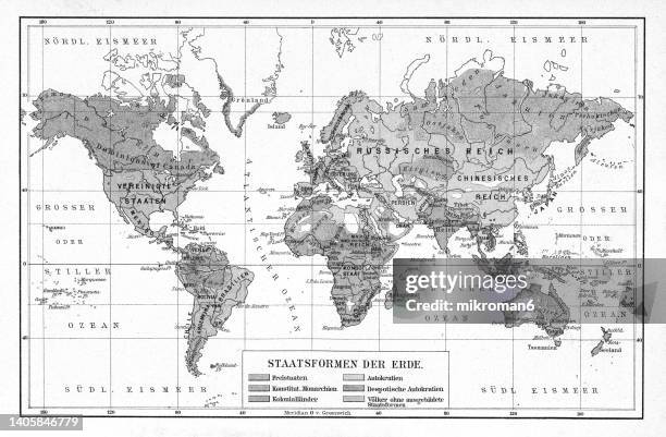 old chromolithograph map showing forms of government and colonial constitutions in world - vintage world map - fotografias e filmes do acervo