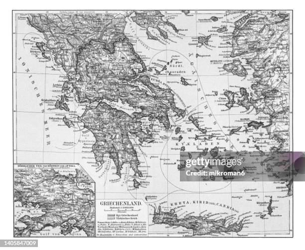 old chromolithograph map of greece - ancient greece map stock pictures, royalty-free photos & images