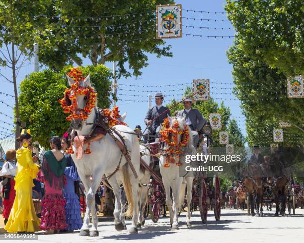 Seville, Seville Province, Andalusia, southern Spain. Feria de Abril, the April Fair. Horse and carriage parade.