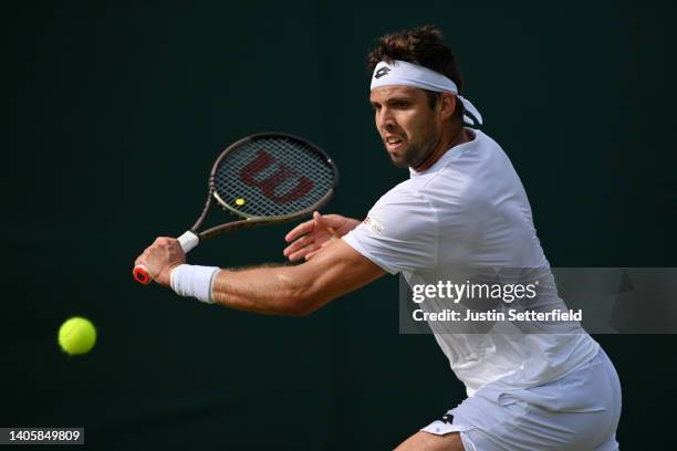 Jiri Vesely of Czech Republic plays a forehand against Alejandro Davidovich Fokina of Spain during their Men's Singles Second Round match on day...