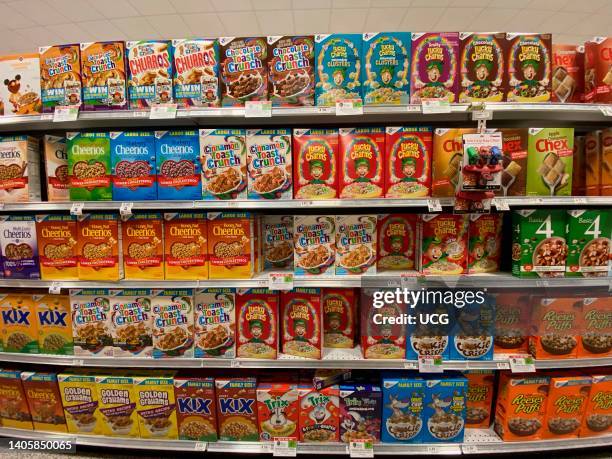 Family sized General Mills and Quaker Cereal aisle in Publix, grocery store, Florida.