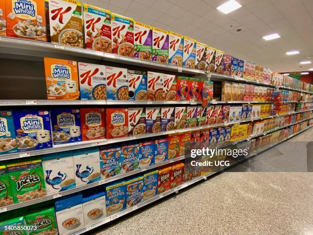 Kelloggs Cereal aisle in Publix, grocery store, Florida.