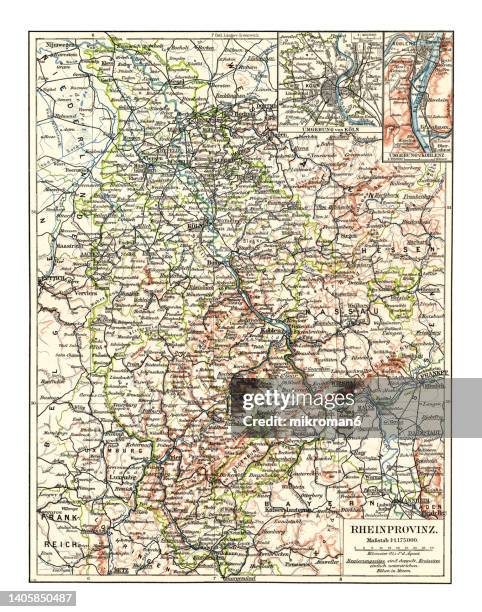 old chromolithograph map of rhine province (rhenish prussia) - westernmost province of the kingdom of prussia and the free state of prussia, within the german reich, from 1822 to 1946 - north rhine westphalia stock pictures, royalty-free photos & images