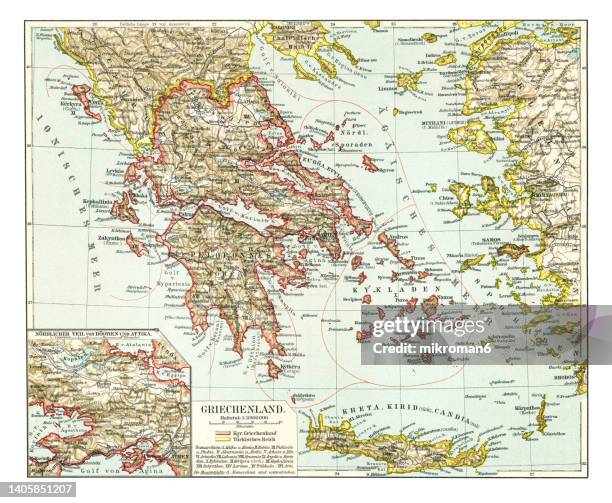 old chromolithograph map of greece - ottoman empire map stock pictures, royalty-free photos & images