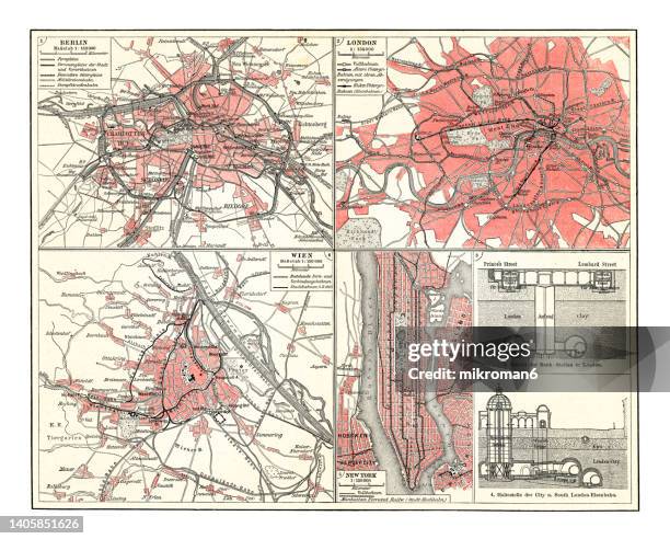 old chromolithograph illustration of railway network in berlin, london, vienna and new york - new york city drawing stock pictures, royalty-free photos & images