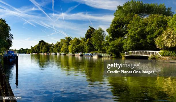 Panoramic view of a line of houseboats moored the Thames in Oxford, early summer morning.