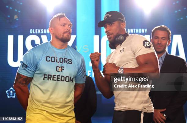 Anthony Joshua of Great Britain and Oleksanr Usyk of Ukrain face off during the Oleksandr Usyk v Anthony Joshua 2 Press Conference at on June 29,...