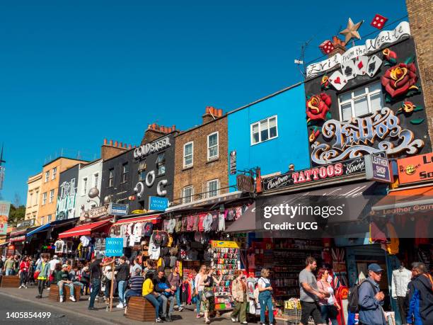 Shops on Camden Town high street, London, UK.