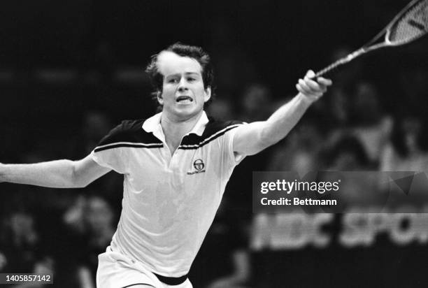 John McEnroe makes a return to Ivan Lendl in the Volvo Masters tourney final match. McEnroe won, 6-3, 6-4, 6-4, to win $400,000 Masters and claim the...