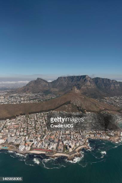 Cape Town South Africa, Aerial view of Sea Point and Bantry Bay with a backdrop of Lions Head and Table Mountain. Cape Town South Africa.