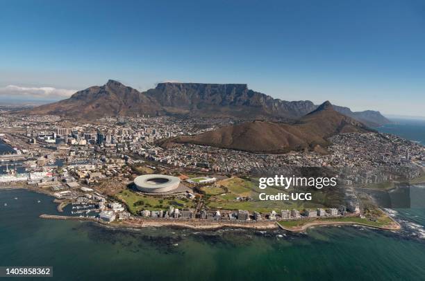 Cape Town, South Africa, Aerial view of Cape Town and Table Mountain with a blue sky. .