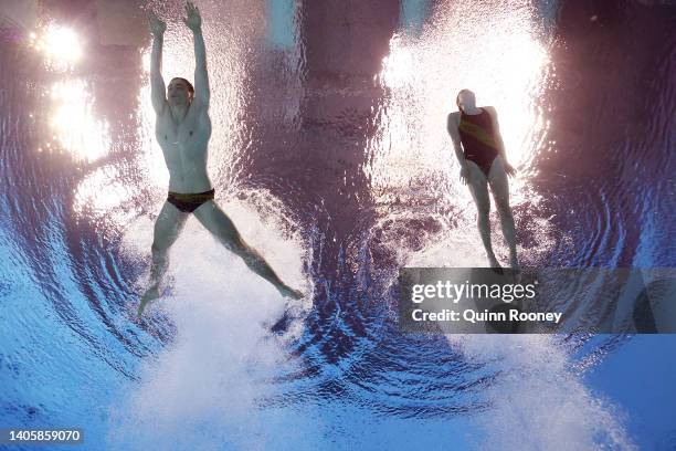 Lou Noel Guy Massenberg and Tina Punzel of Team Germany compete in the Mixed Synchronized 3m Springboard Final on day four of the Budapest 2022 FINA...