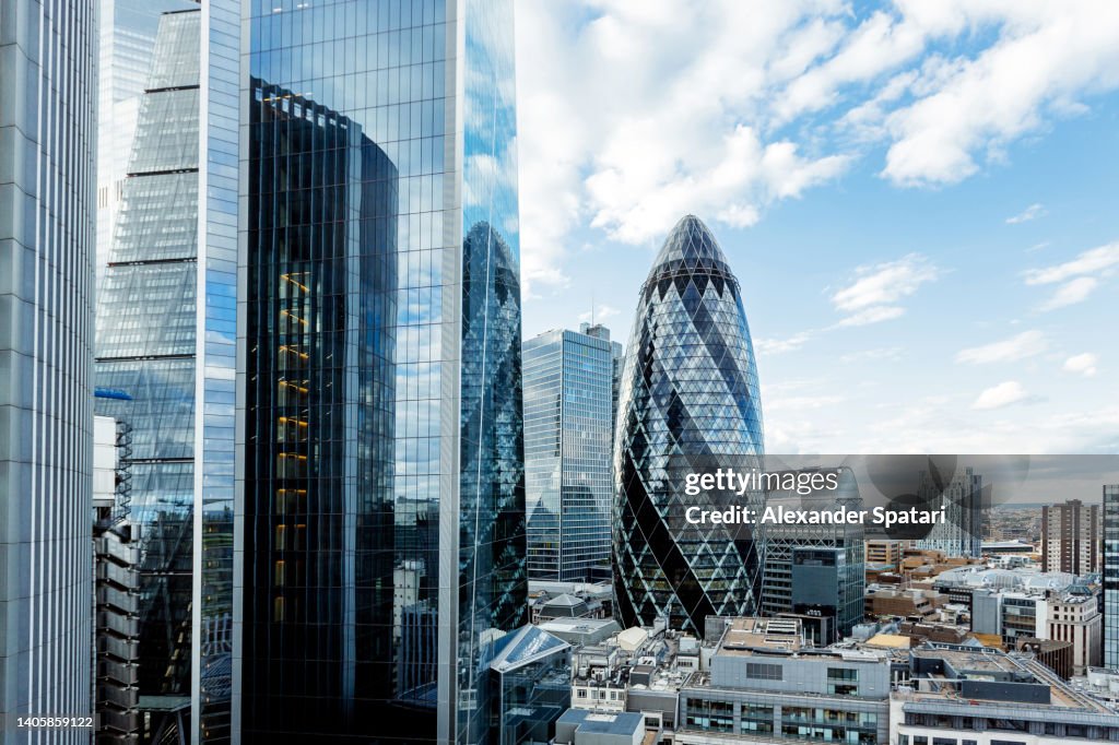 "The Gherkin" and skyscraper of London City, high angle view, England, UK