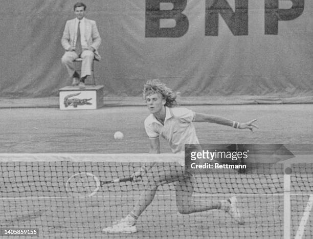 Bjorn Borg in action in the final round of the men's French Open against Manuel Orantes of Spain.