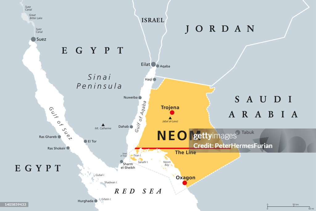 ネオム、サウジアラビアのメガシティプロジェクト、灰色の政治地図
