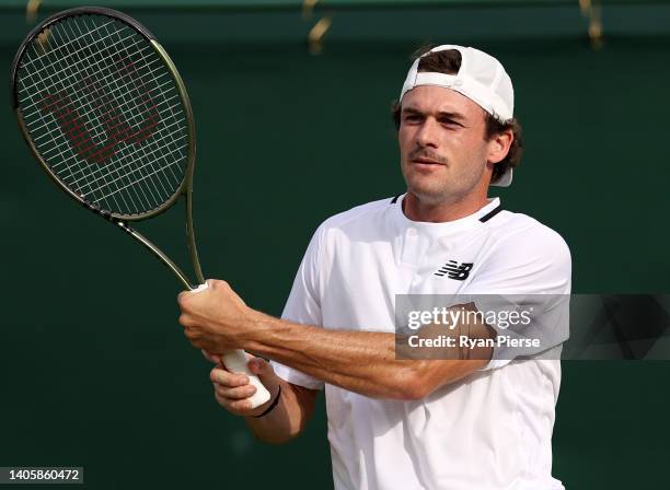 Tommy Paul of United States plays a backhand against Adrian Mannarino of France during their Men's Second Round match on day three of The...