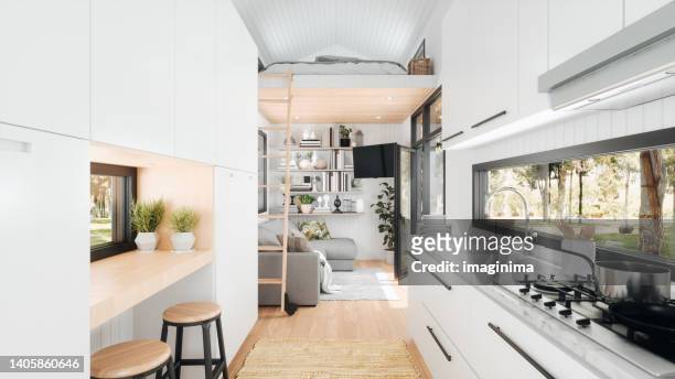tiny house modern interior design - clean living room stock pictures, royalty-free photos & images