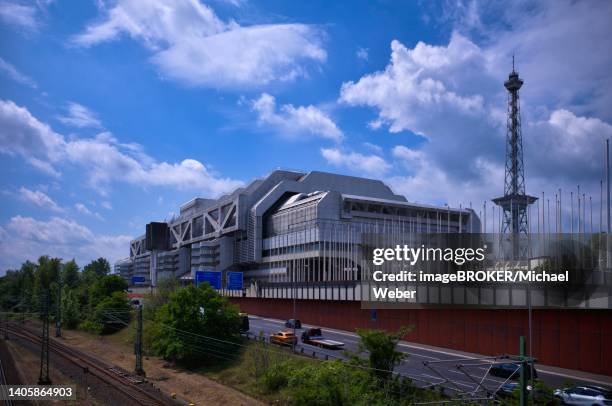 radio tower at the congress centrum icc with the exhibition grounds, westend, charlottenburg, berlin, germany - international congress center stock pictures, royalty-free photos & images