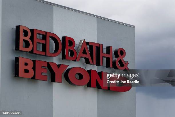 Bed Bath & Beyond sign hangs outside the store on June 29, 2022 in Miami, Florida. Bed Bath & Beyond Inc. Fired its CEO Mark Tritton as shares of the...