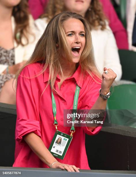 Kim Murray reacts during day 3 of the Wimbledon Tennis Championships at All England Lawn Tennis and Croquet Club on June 29, 2022 in London, England.