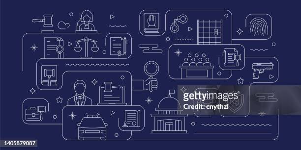 law and justice related vector banner design concept, modern line style with icons - legal separation stock illustrations