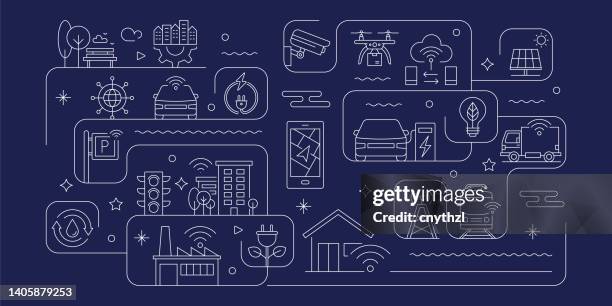 bildbanksillustrationer, clip art samt tecknat material och ikoner med smart city related vector banner design concept, modern line style with icons - trafik