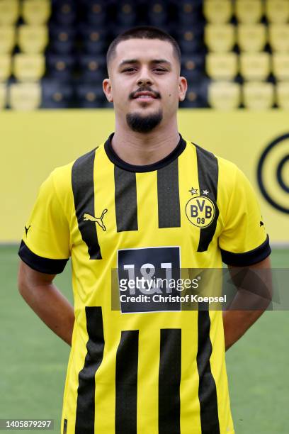 Lion Semic of Borussia Dortmund II poses during the team presentation at training ground Hohenbuschei on June 29, 2022 in Dortmund, Germany.