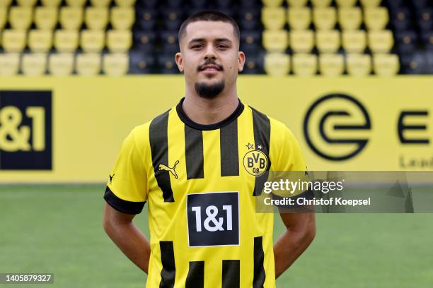 Lion Semic of Borussia Dortmund II poses during the team presentation at training ground Hohenbuschei on June 29, 2022 in Dortmund, Germany.