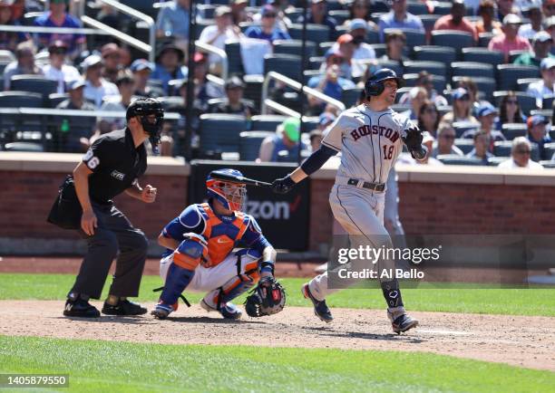 Jason Castro of the Houston Astros hits a two run home run against Drew Smith of the New York Mets in the ninth inning during their game at Citi...