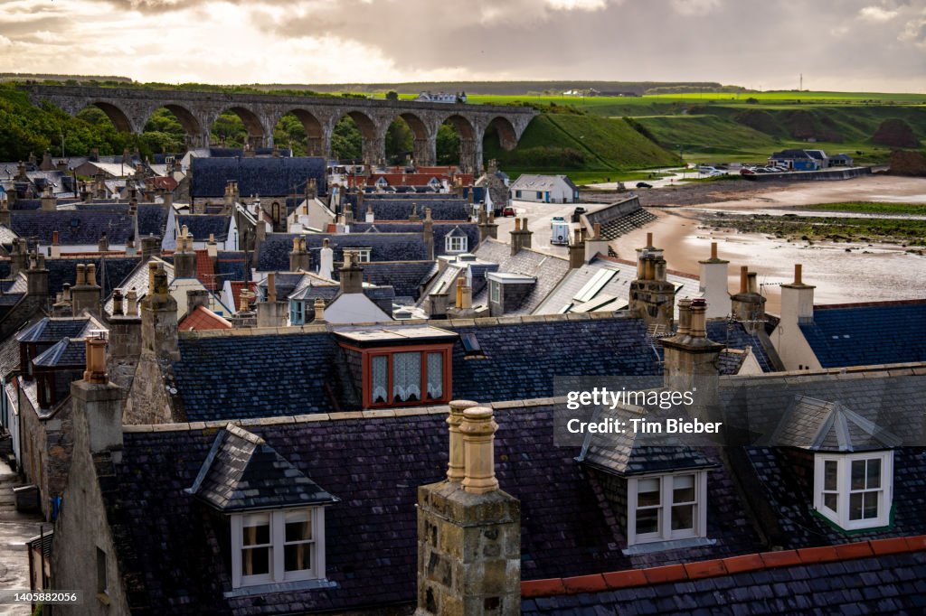 Rooftops of the village of Cullen at at sunset.