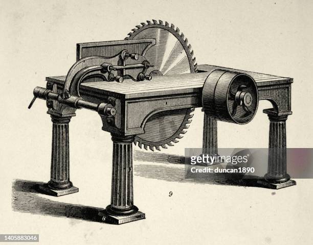victorian industrial machinery, circular saw with adjustable stop, 1870s, 19th century - hand saw stock illustrations