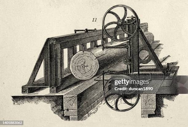 ilustrações, clipart, desenhos animados e ícones de máquinas industriais vitorianas, band saw com bloco, 1870, século xix - revolution