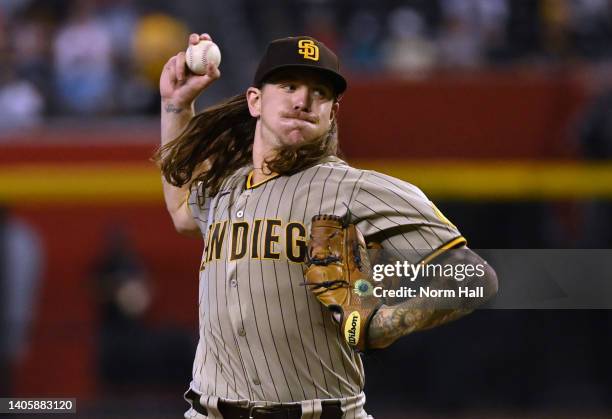 Mike Clevinger of the San Diego Padres delivers a first inning pitch against the Arizona Diamondbacks at Chase Field on June 29, 2022 in Phoenix,...