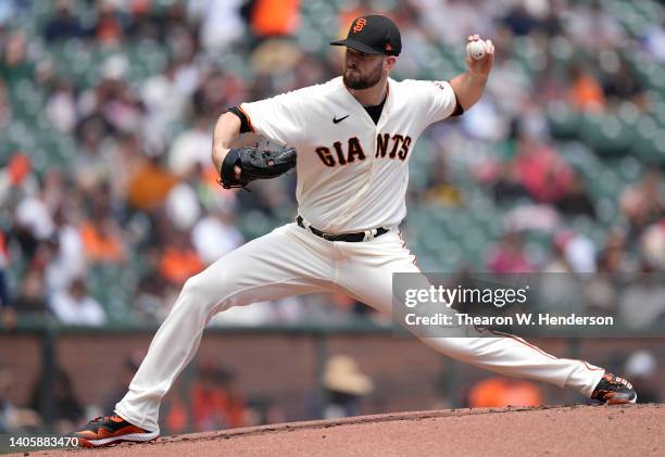 Alex Wood of the San Francisco Giants pitches against the Detroit Tigers in the top of the first inning at Oracle Park on June 29, 2022 in San...