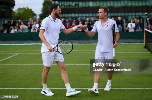 Jamie Murray of Great Britain celebrates with partner Bruno Soares of Brazil after winning against Benjamin Bonzi of France and Arthur Rinderknech of...