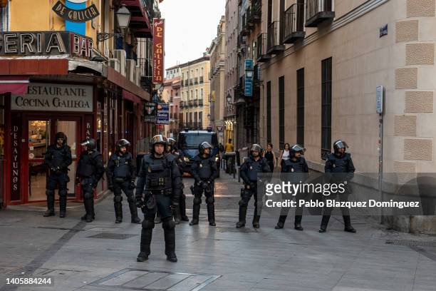 Riot police secures the area after a small demonstration against NATO on June 29, 2022 in Madrid, Spain. During the summit in Madrid, on June 29 NATO...