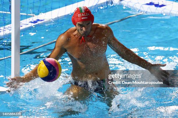 Marco del Lungo of Team Italy makes a save during the Men's Quarter-Final Water Polo match against Team Hungary on day 10 of the Budapest 2022 FINA...