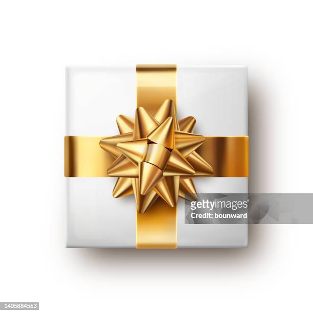 weiße geschenkbox mit goldener schleife - haarschleife stock-grafiken, -clipart, -cartoons und -symbole