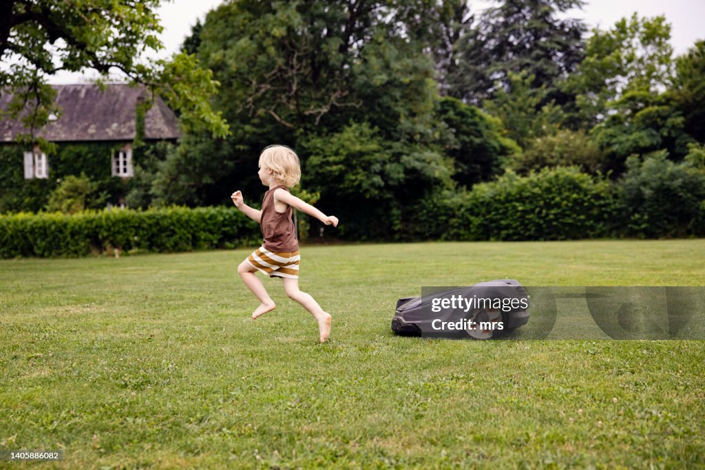 Robot lawn mower in summer garden
