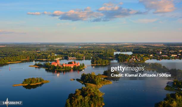 high angle view of lake against sky,trakai,lithuania - リトアニア ストックフォトと画像